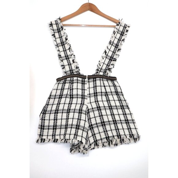 Pink & Flare Plaid Tweed Overall Frayed Edges w/ Shorts V-Neckline Women's Small - Picture 10 of 11